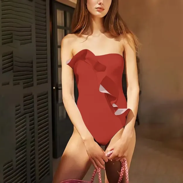 Elegant Solid Color Strapless Ruffle Front One-Piece Swimsuit