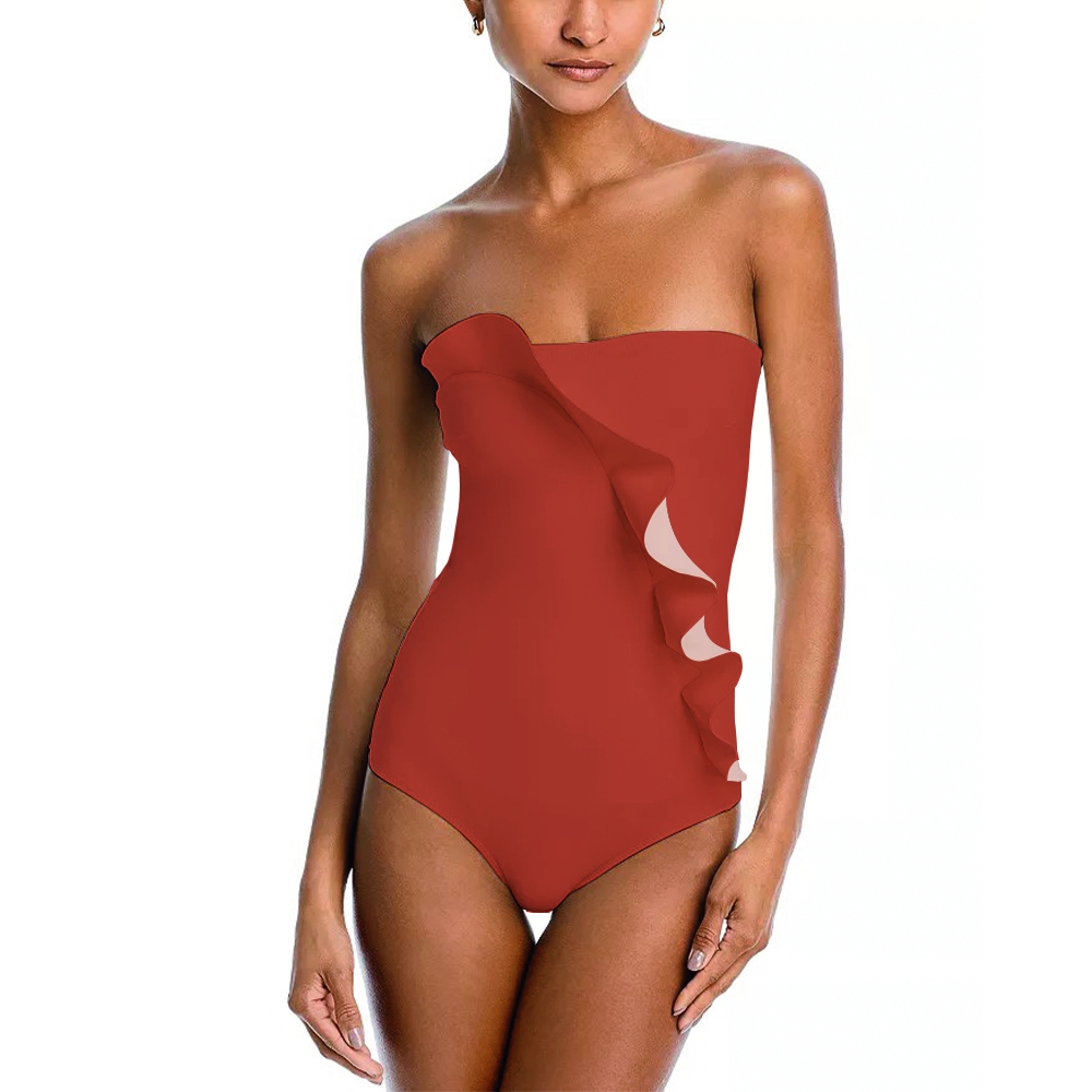 Elegant Solid Color Strapless Ruffle Front One-Piece Swimsuit
