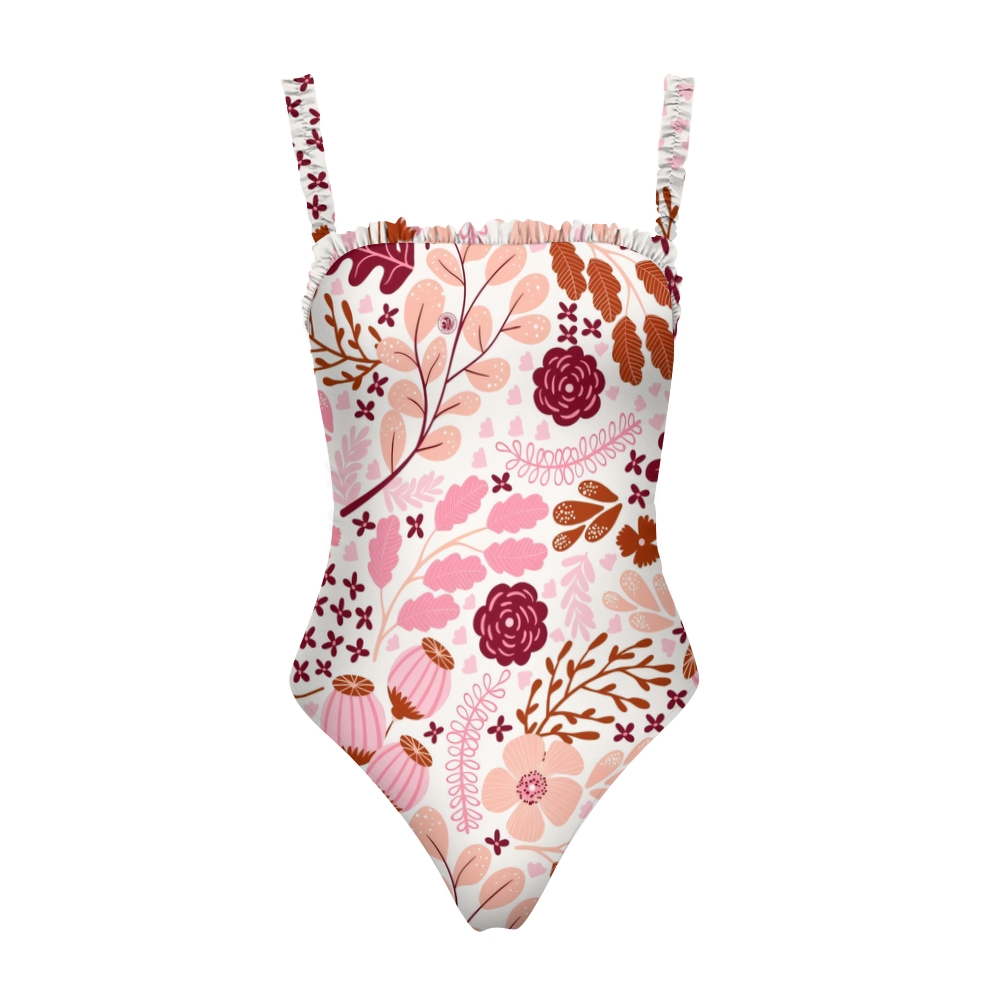 Women's One Piece Swimsuit with Vibrant Floral Pattern and Ruffled Straps