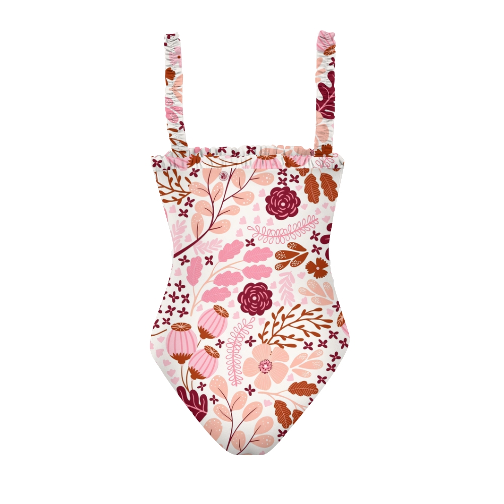 Women's One Piece Swimsuit with Vibrant Floral Pattern and Ruffled Straps