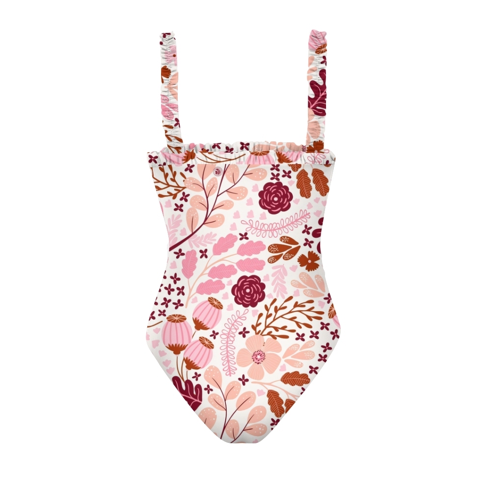 Women's One Piece Swimsuit with Vibrant Floral Pattern and Ruffled Straps