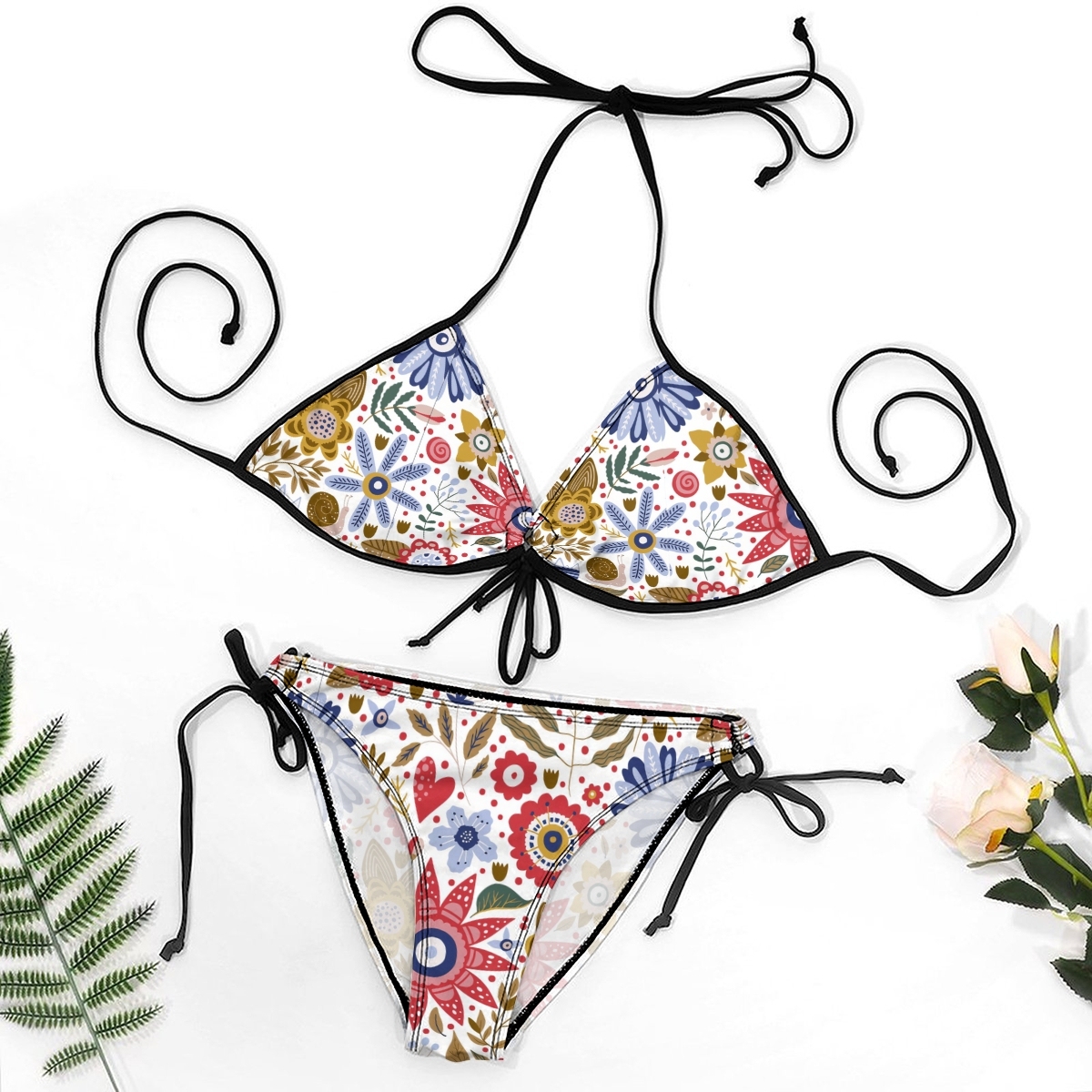 Sexy Two Piece Bikini Set with Vibrant Floral Pattern and Black Straps