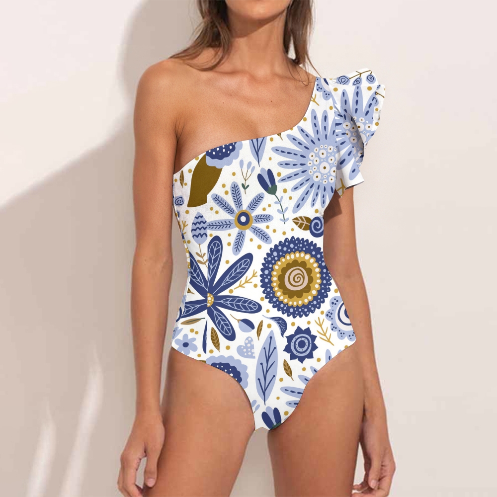 Women's One Shoulder One Piece Swimsuit with Ruffle Floral Print