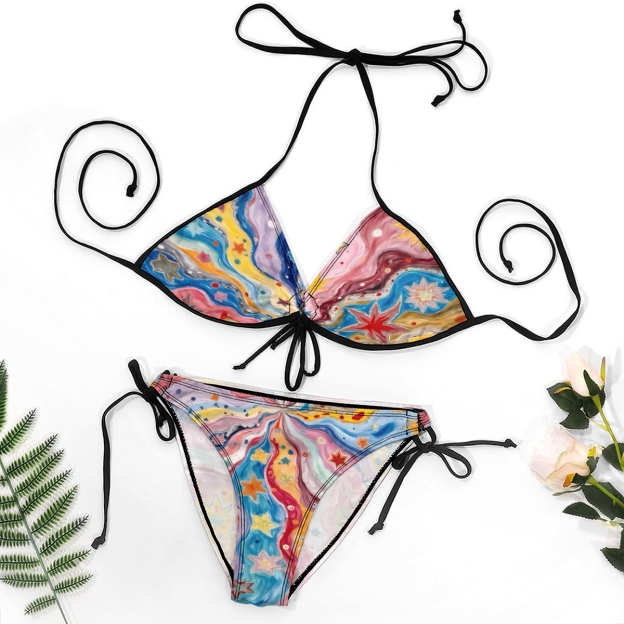 Women's Bikini Set with Artistic Swirl Pattern Halter Top and Tie Bottom