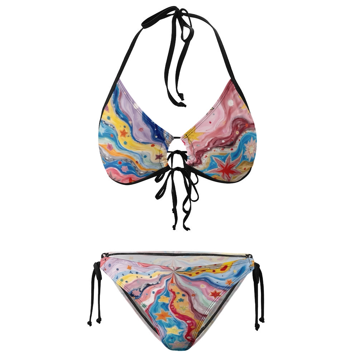 Women's Bikini Set with Artistic Swirl Pattern Halter Top and Tie Bottom