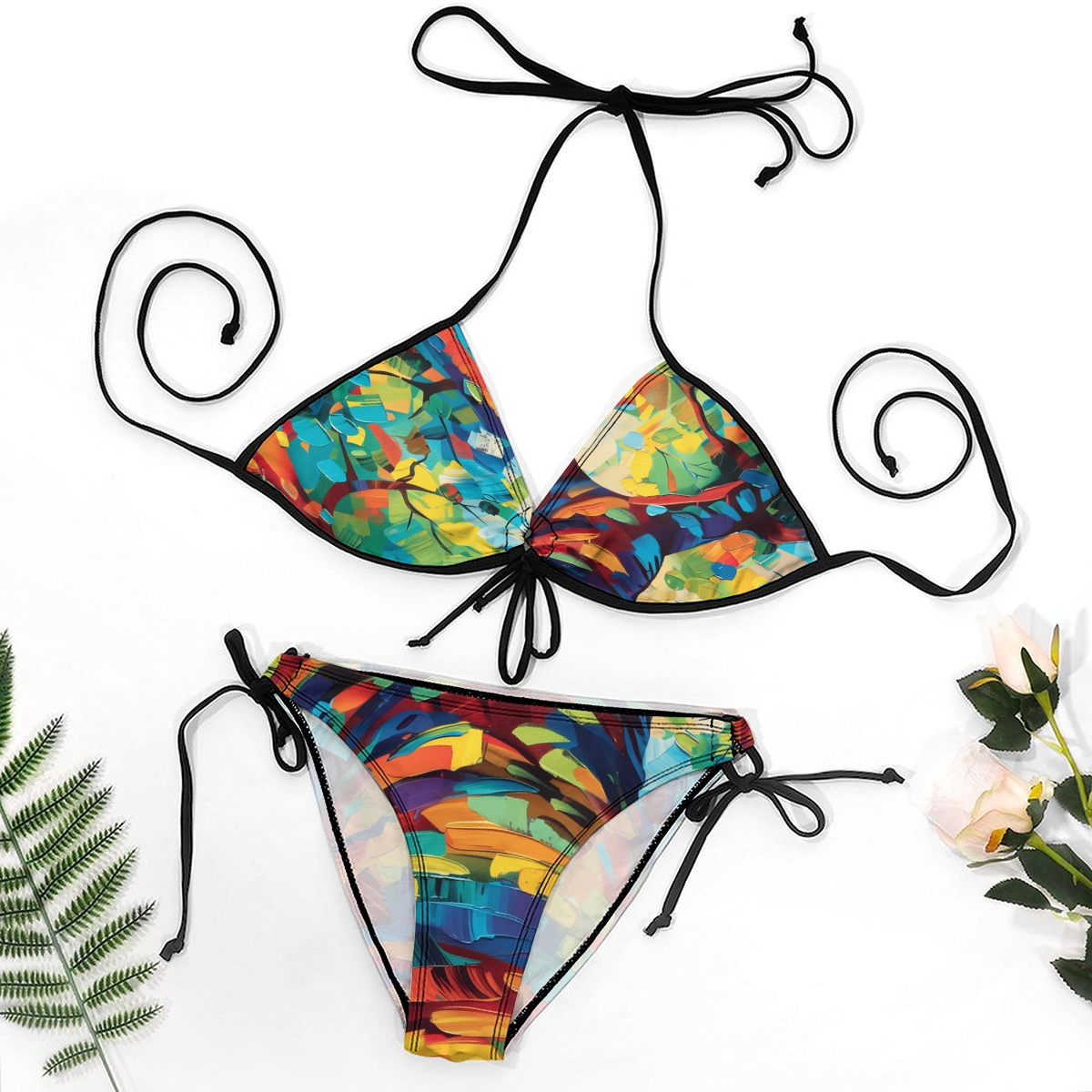 Colorful Bikini Set for Women Artistic Pattern Halter Top and Tie Bottom