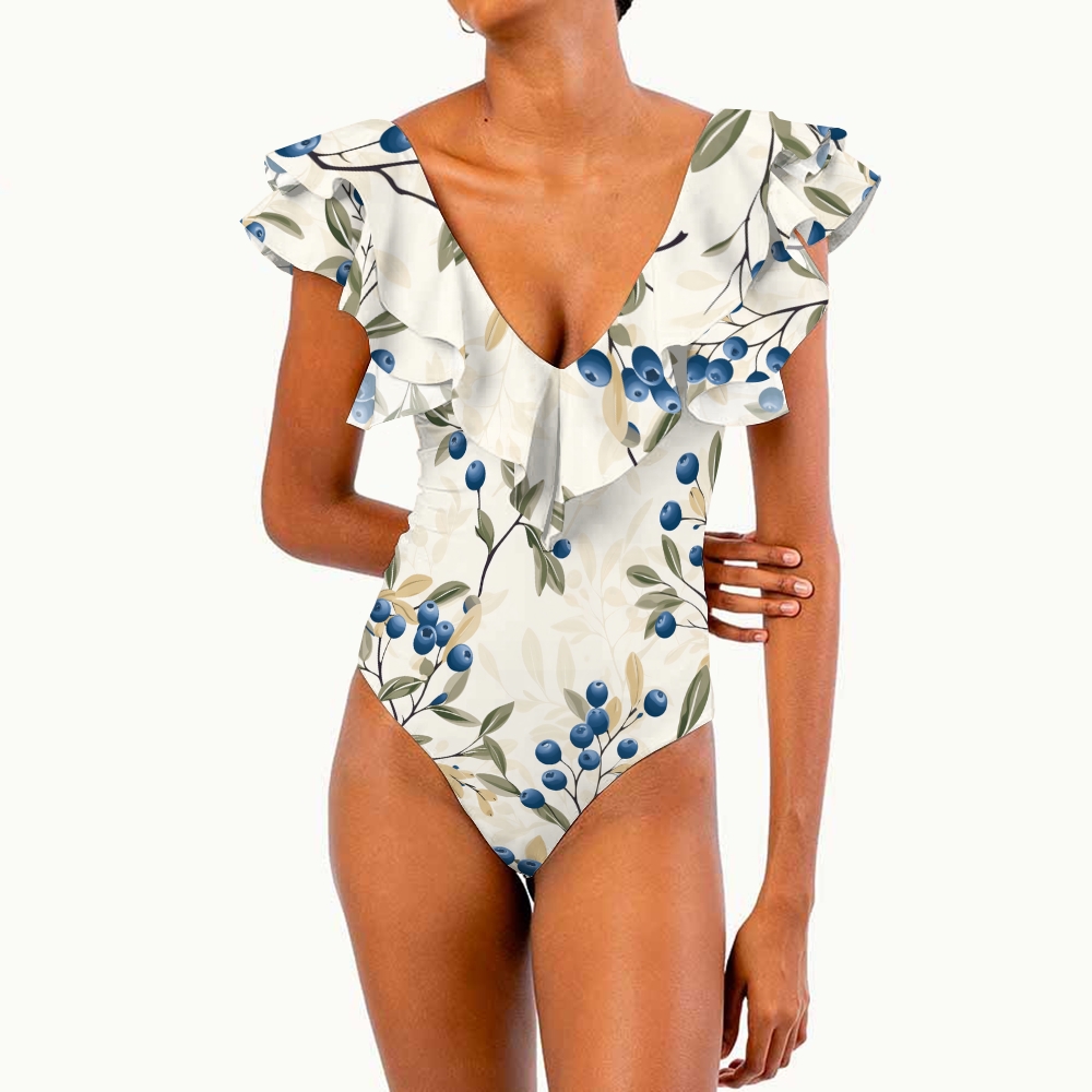 Women's Botanical Print One Piece Swimsuit with Ruffle Sleeves and Deep V Neck