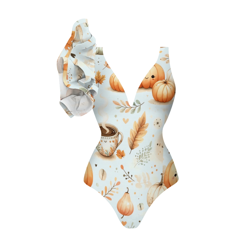 Women's Pastel Blue One Piece Swimsuit with Autumn Icons and Deep V Cut