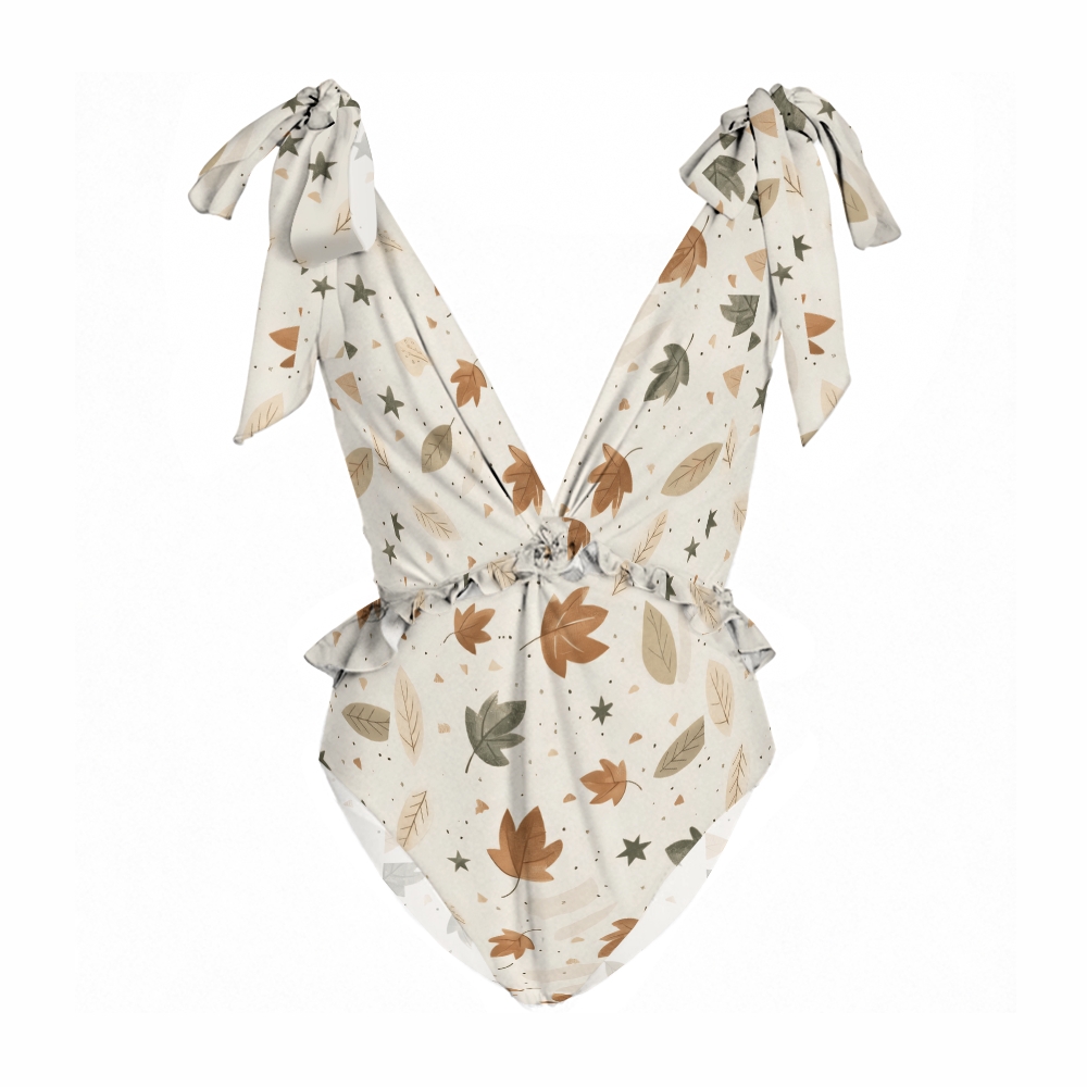 Deep V Neck One Piece Swimsuit with Autumn Leaf Print and Tie Straps
