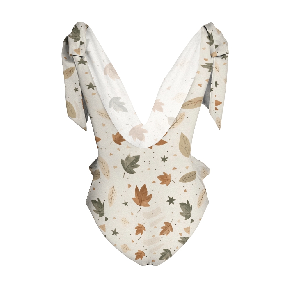 Deep V Neck One Piece Swimsuit with Autumn Leaf Print and Tie Straps