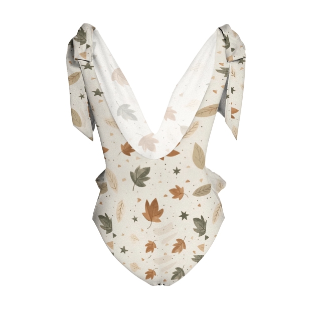 Deep V Neck One Piece Swimsuit with Autumn Leaf Print and Tie Straps