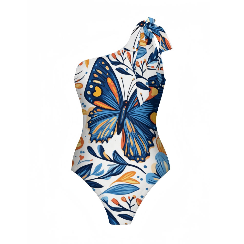 One Shoulder Butterfly Print One Piece Swimsuit with Bow Strap