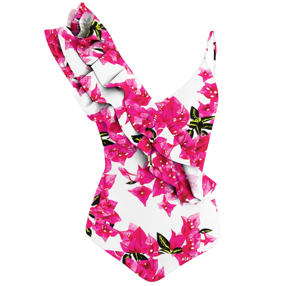 Elegant Floral One Piece Swimsuit with Diagonal Ruffle Strap