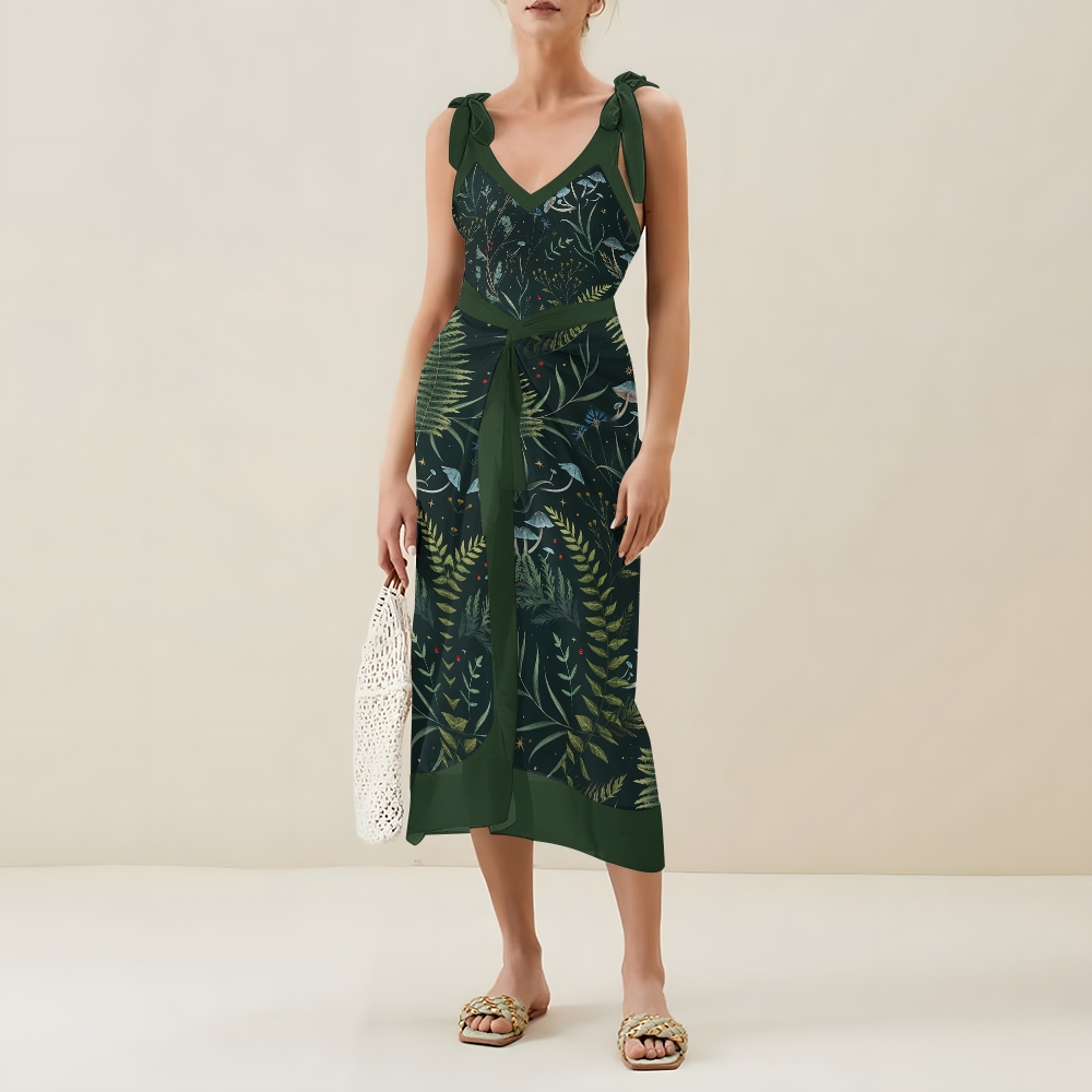 Nature-Inspired One-Piece Swimsuit with Coordinated Long Wrap Skirt