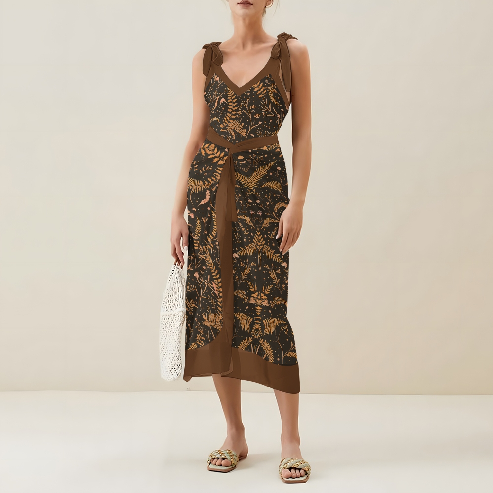 Nature-Inspired One-Piece Swimsuit with Coordinated Long Wrap Skirt