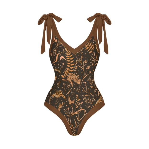 Nature-Inspired One-Piece Swimsuit with Coordinated Long Wrap Skirt