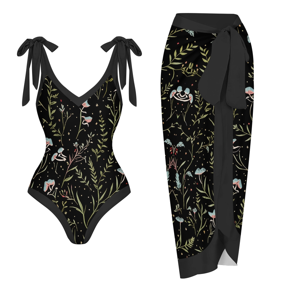 Nature-Inspired One-Piece Swimsuit with Coordinated Long Wrap Skirt