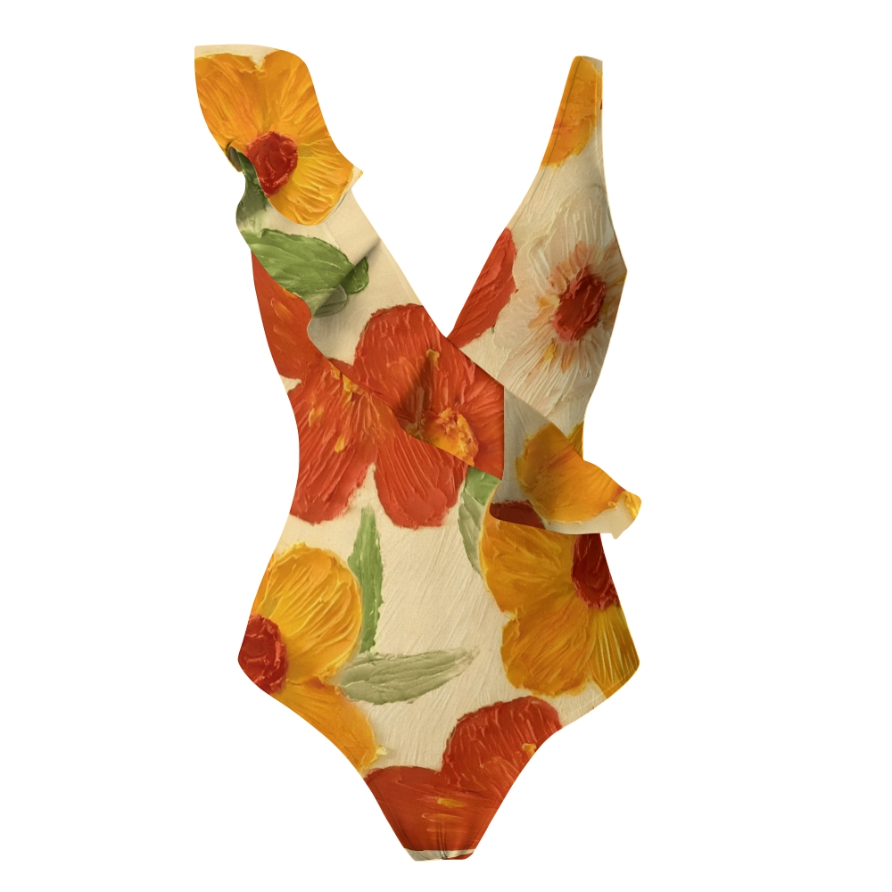 Floral Print One Piece Swimsuit with Ruffle Strap and Deep V Neck
