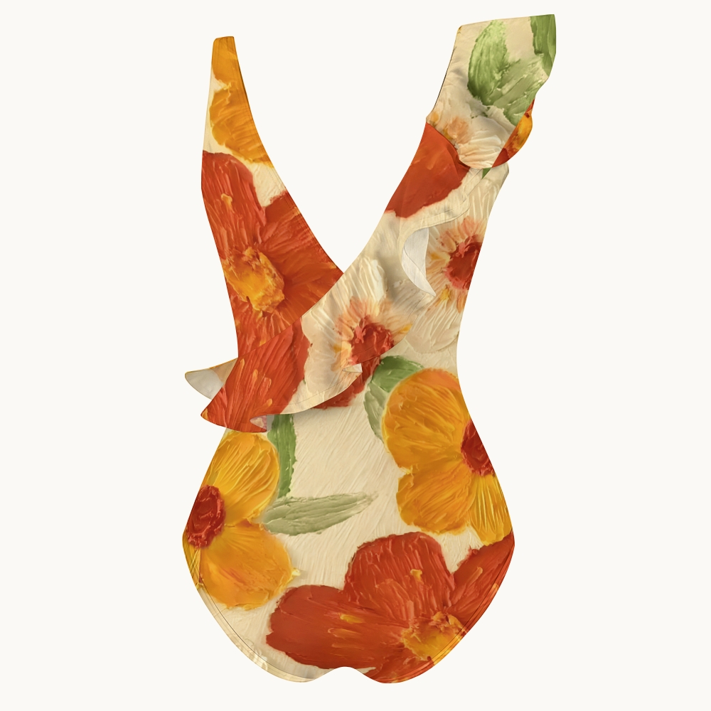Floral Print One Piece Swimsuit with Ruffle Strap and Deep V Neck