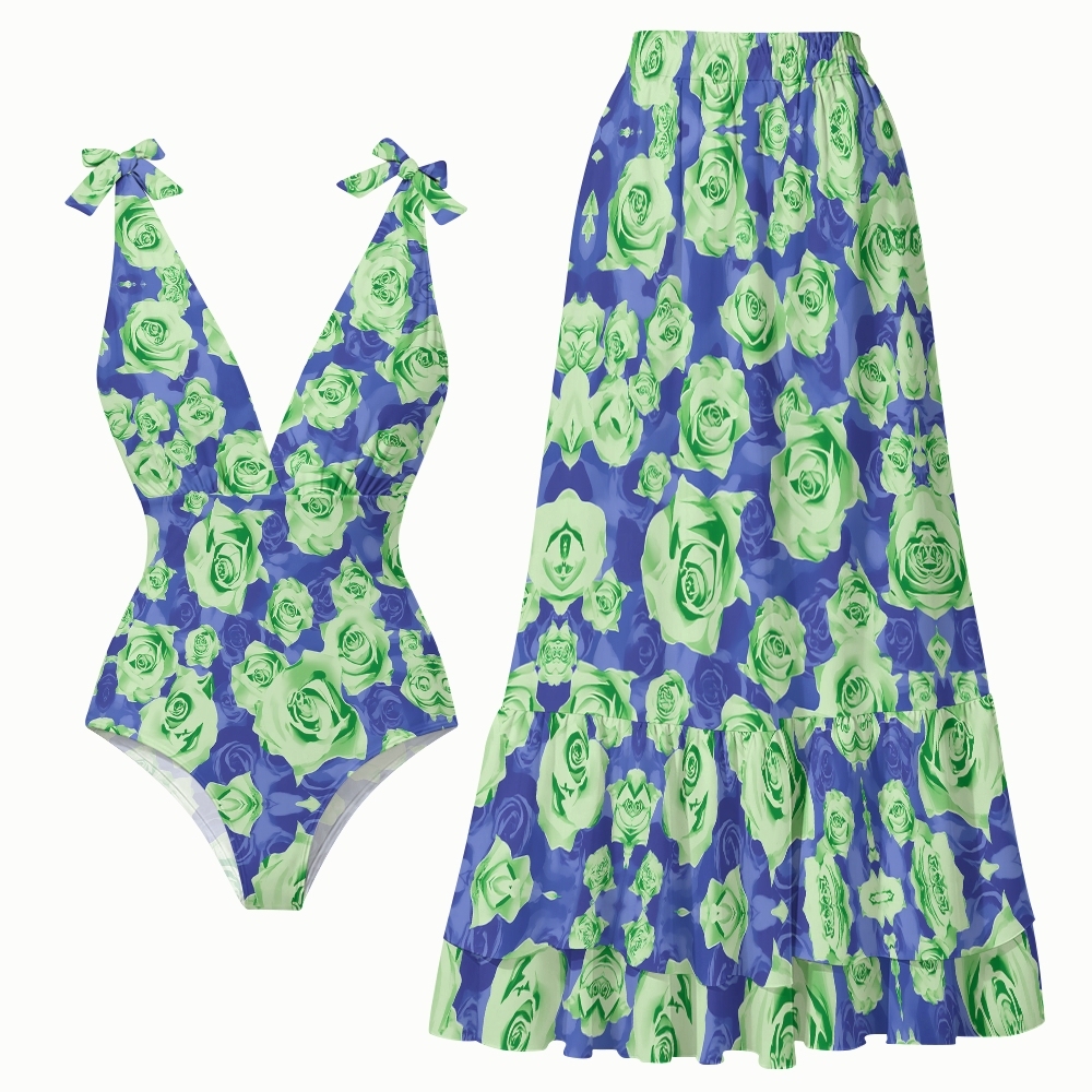 Green Roses Lace-up One-Piece Swimsuit and Coordinated Tiered Maxi Skirt