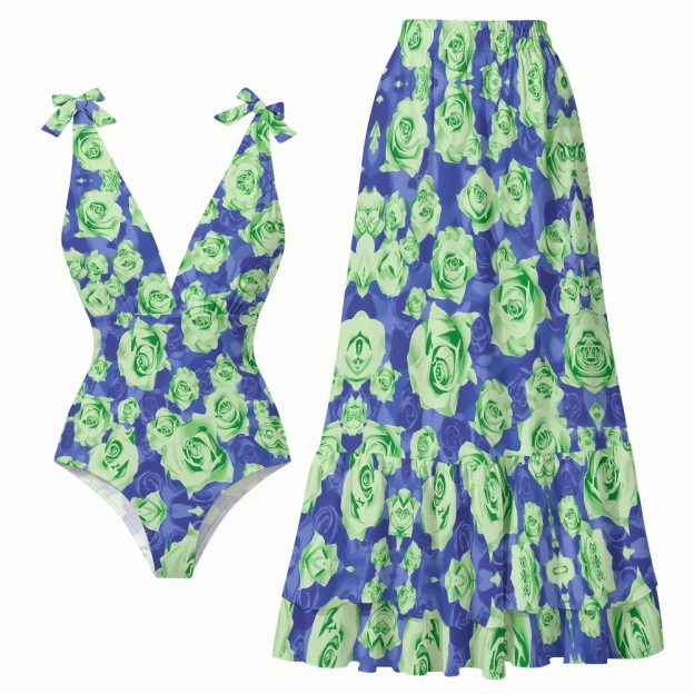 Green Roses Lace-up One-Piece Swimsuit and Coordinated Tiered Maxi Skirt
