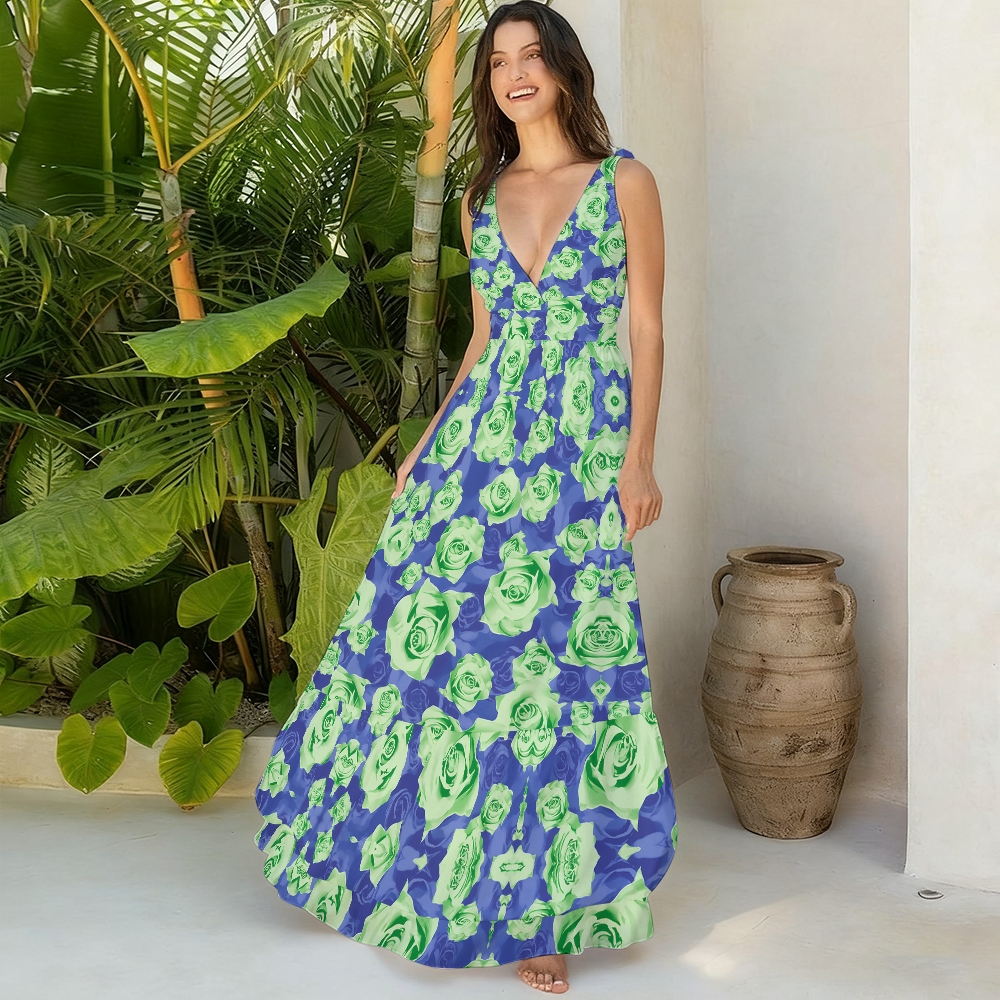 Green Roses Lace-up One-Piece Swimsuit and Coordinated Tiered Maxi Skirt