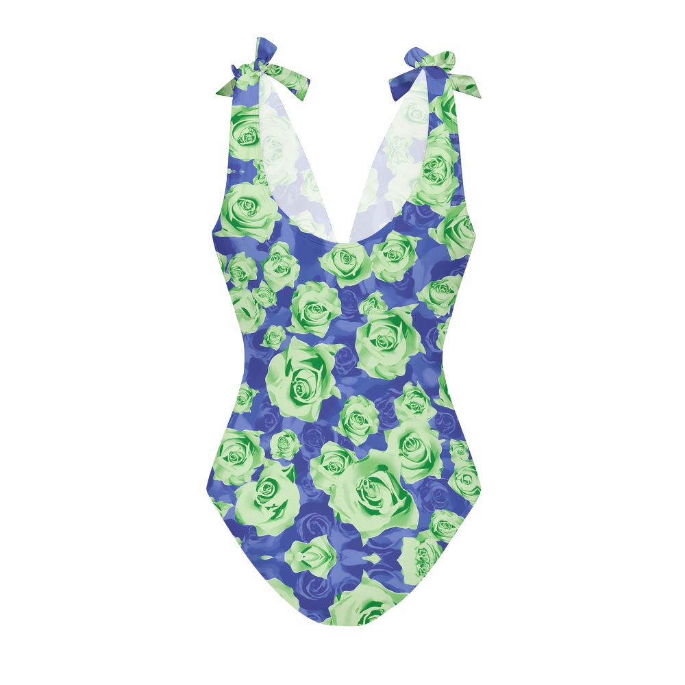 Green Roses Lace-up One-Piece Swimsuit and Coordinated Tiered Maxi Skirt