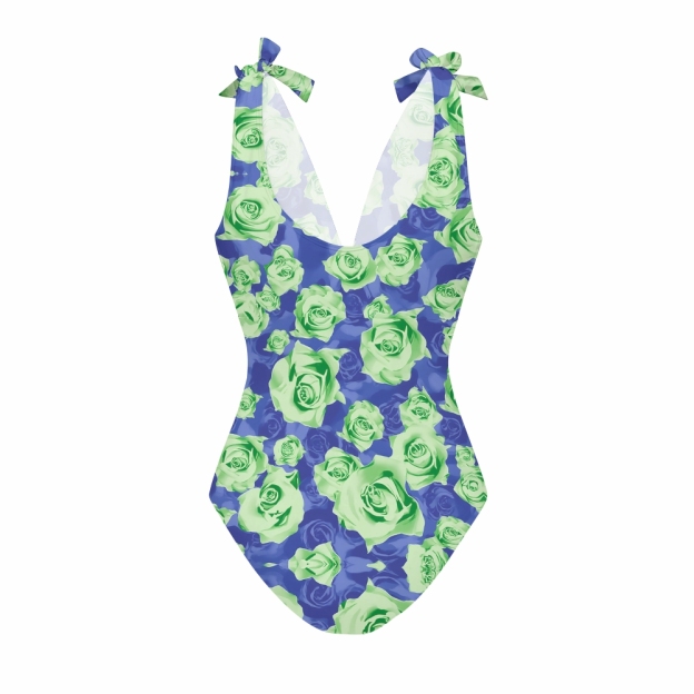 Green Roses Lace-up One-Piece Swimsuit and Coordinated Tiered Maxi Skirt