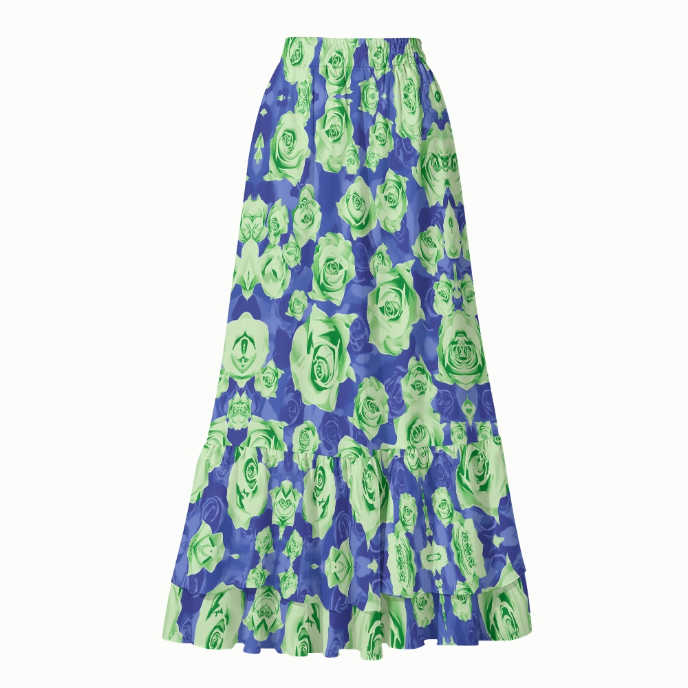 Green Roses Lace-up One-Piece Swimsuit and Coordinated Tiered Maxi Skirt