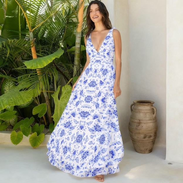 Blue Floral Print One-Piece Swimsuit with Matching Maxi Skirt