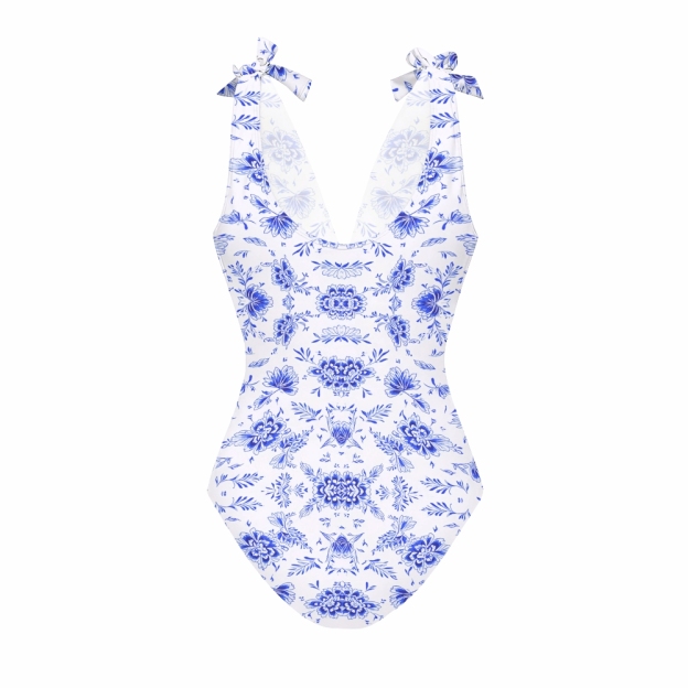 Blue Floral Print One-Piece Swimsuit with Matching Maxi Skirt
