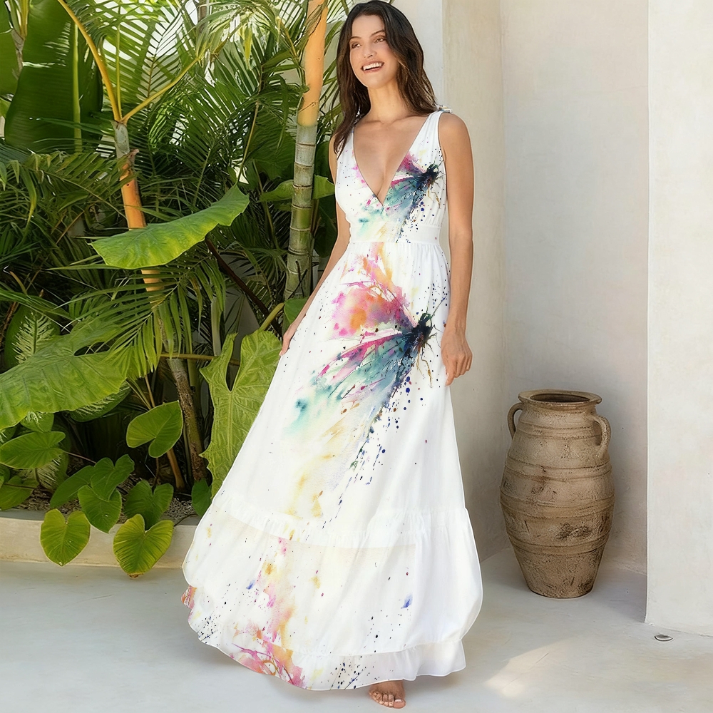 Women Deep V Neck One Piece Swimsuit with Matching Ruffle Skirt Abstract Splash Print Beachwear Set