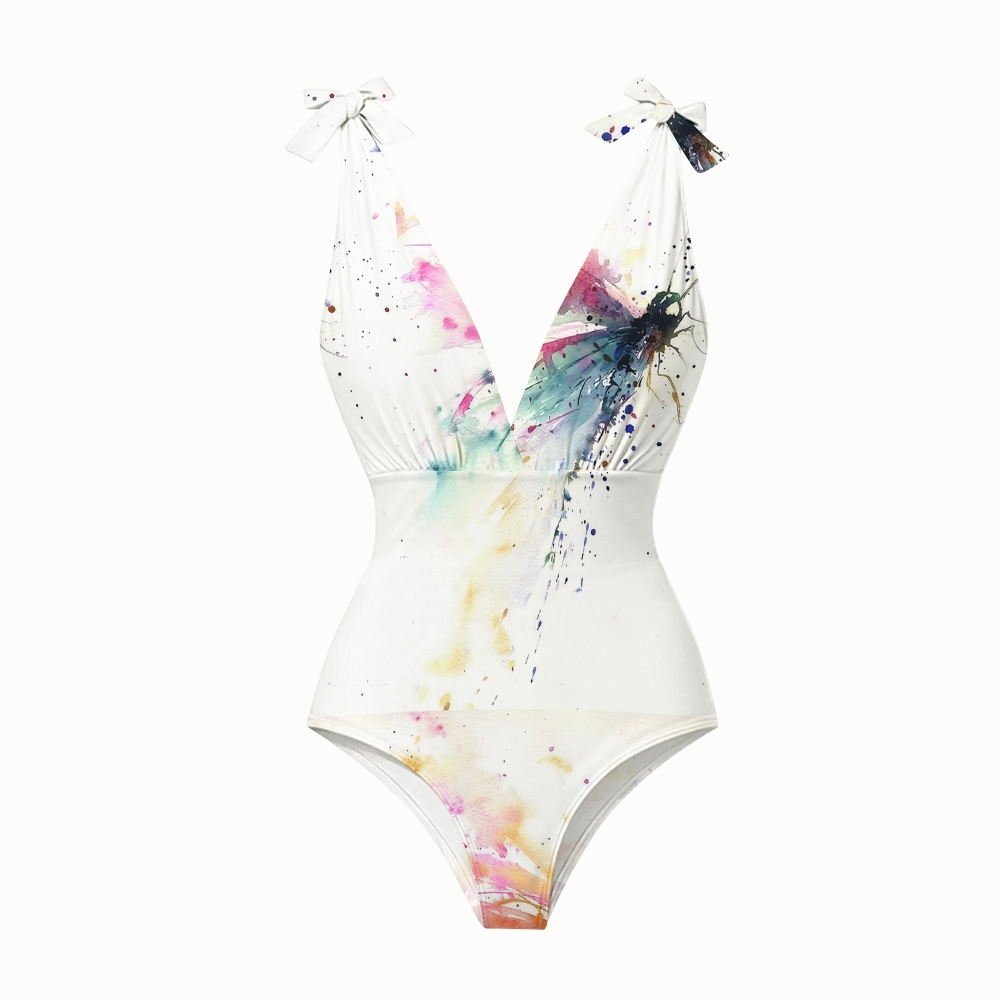 Women Deep V Neck One Piece Swimsuit with Matching Ruffle Skirt Abstract Splash Print Beachwear Set