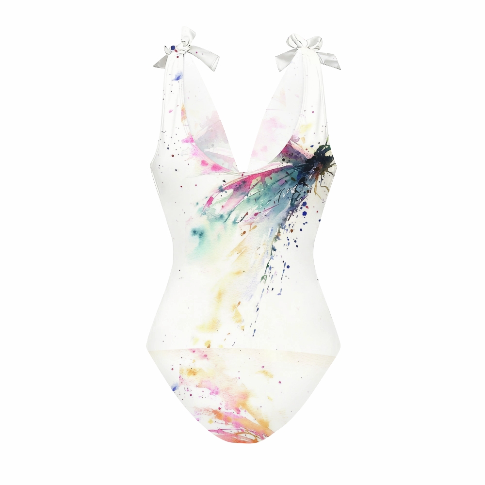 Women Deep V Neck One Piece Swimsuit with Matching Ruffle Skirt Abstract Splash Print Beachwear Set