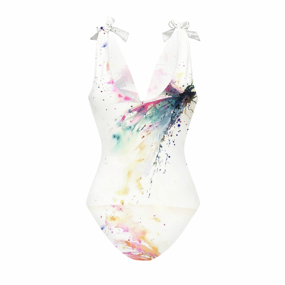 Women Deep V Neck One Piece Swimsuit with Matching Ruffle Skirt Abstract Splash Print Beachwear Set