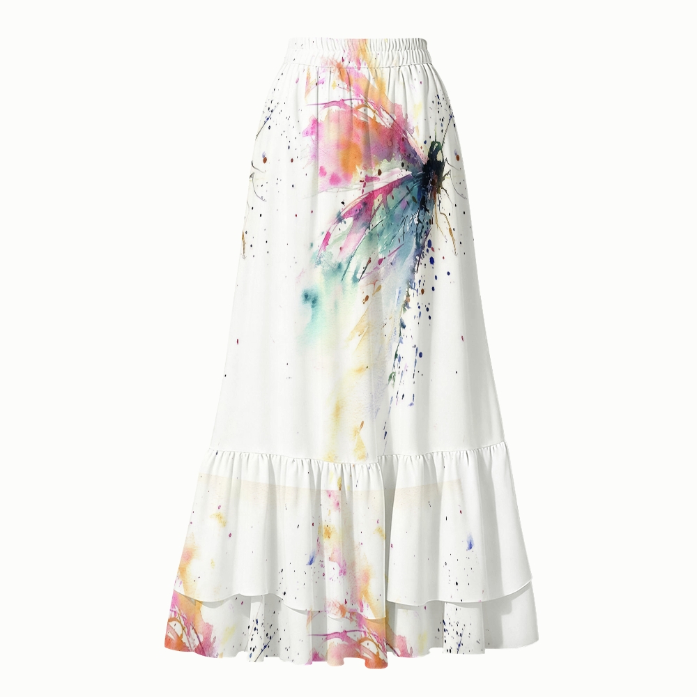 Women Deep V Neck One Piece Swimsuit with Matching Ruffle Skirt Abstract Splash Print Beachwear Set