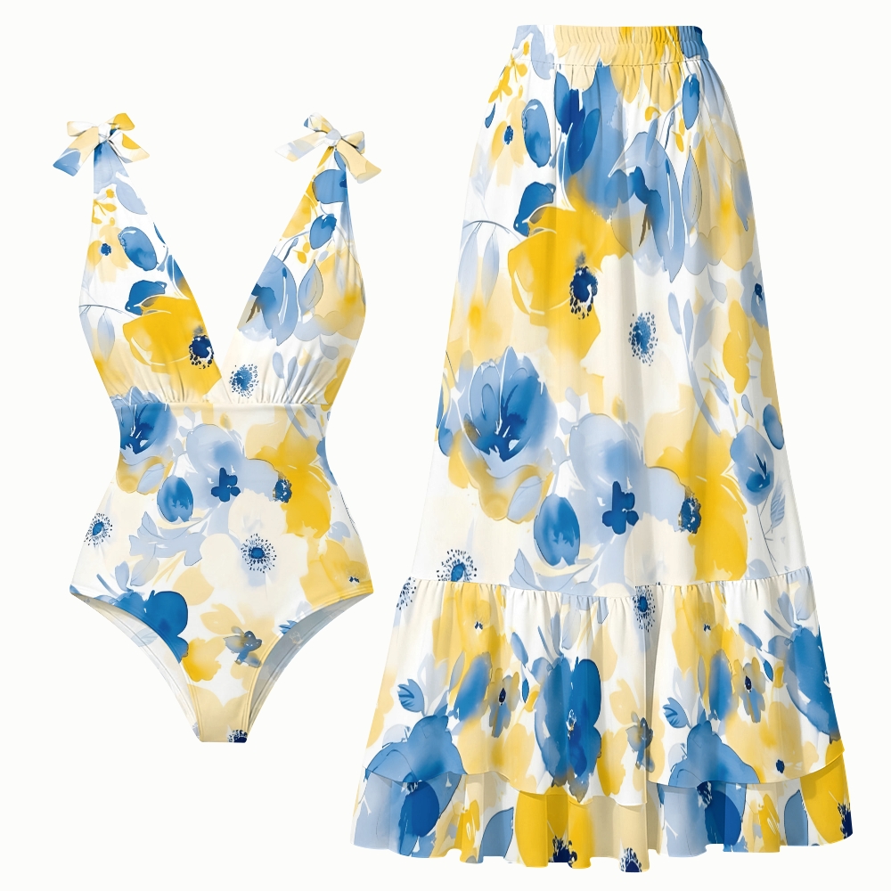 Floral One Piece Swimsuit and Matching Tiered Skirt Set for Women