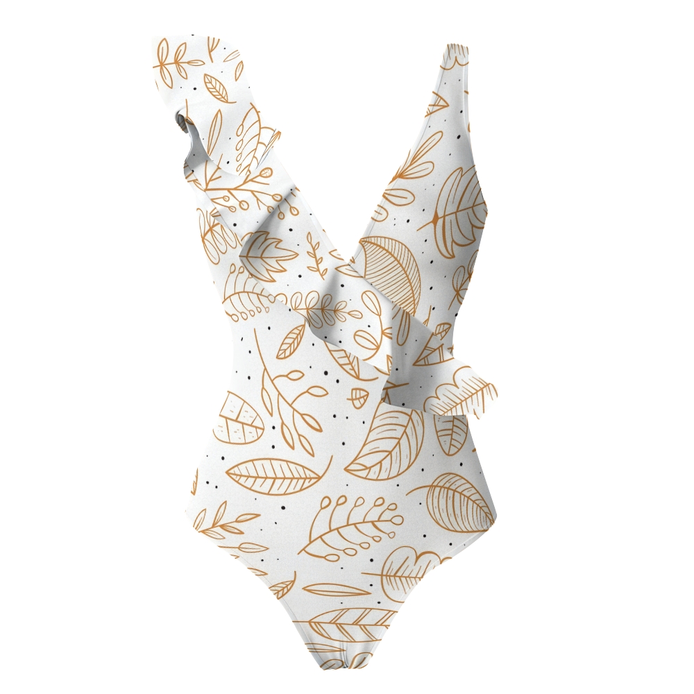 Deep V Neck One Piece Swimsuit with Autumn Leaf Motif and Ruffle Accents