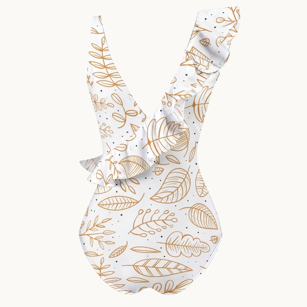 Deep V Neck One Piece Swimsuit with Autumn Leaf Motif and Ruffle Accents