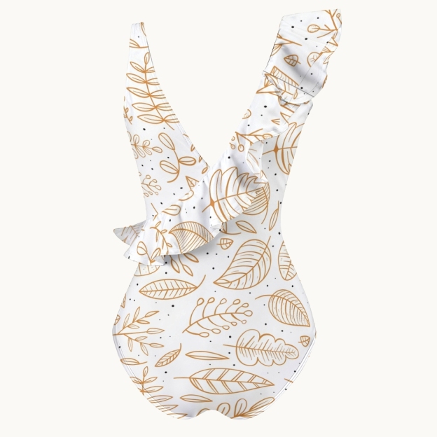 Deep V Neck One Piece Swimsuit with Autumn Leaf Motif and Ruffle Accents