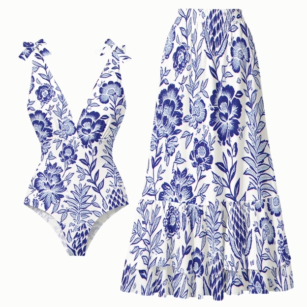 Romantic Blue Blossom Print One-Piece Swimsuit and Matching Maxi Skirt