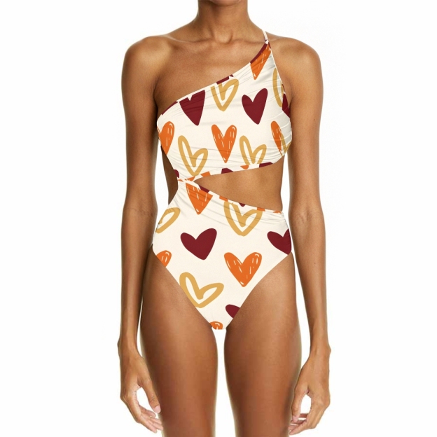 Cream Heart Pattern One Piece Swimsuit with Diagonal Waist Cutout