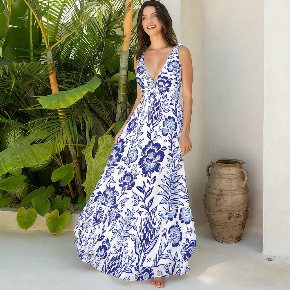 Romantic Blue Blossom Print One-Piece Swimsuit and Matching Maxi Skirt