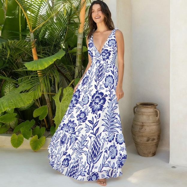 Romantic Blue Blossom Print One-Piece Swimsuit and Matching Maxi Skirt