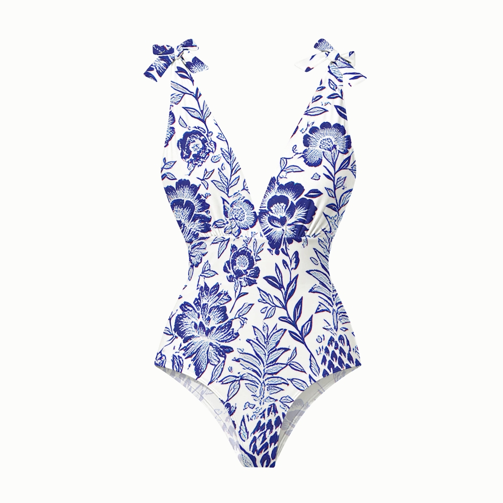 Romantic Blue Blossom Print One-Piece Swimsuit and Matching Maxi Skirt