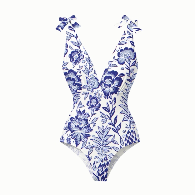 Romantic Blue Blossom Print One-Piece Swimsuit and Matching Maxi Skirt