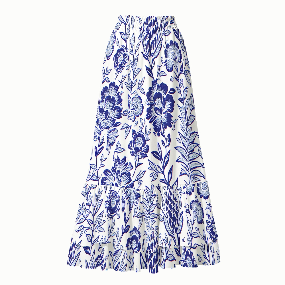 Romantic Blue Blossom Print One-Piece Swimsuit and Matching Maxi Skirt