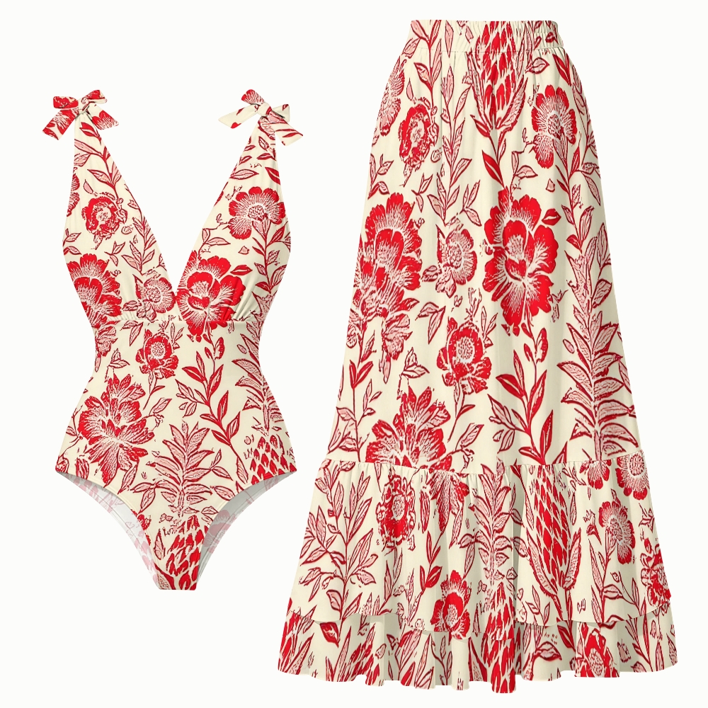 Romantic Red Blossom Print One-Piece Swimsuit and Matching Maxi Skirt