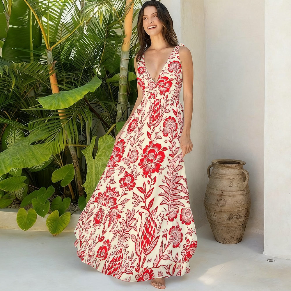 Romantic Red Blossom Print One-Piece Swimsuit and Matching Maxi Skirt