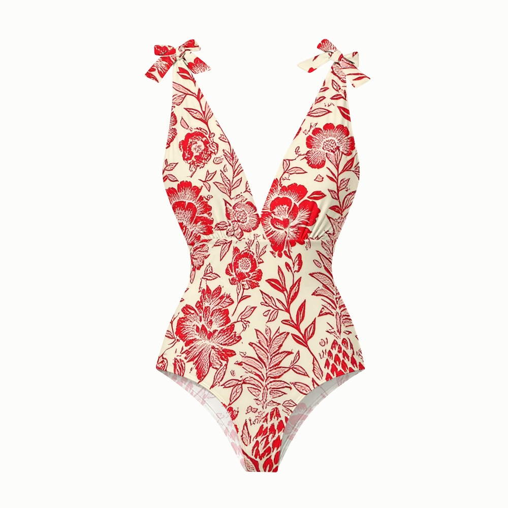 Romantic Red Blossom Print One-Piece Swimsuit and Matching Maxi Skirt